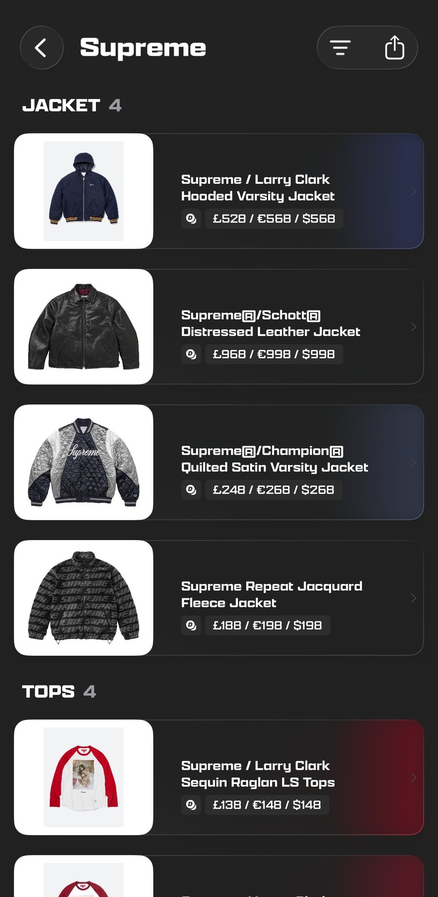 The Supreme droplist in the Droplist app